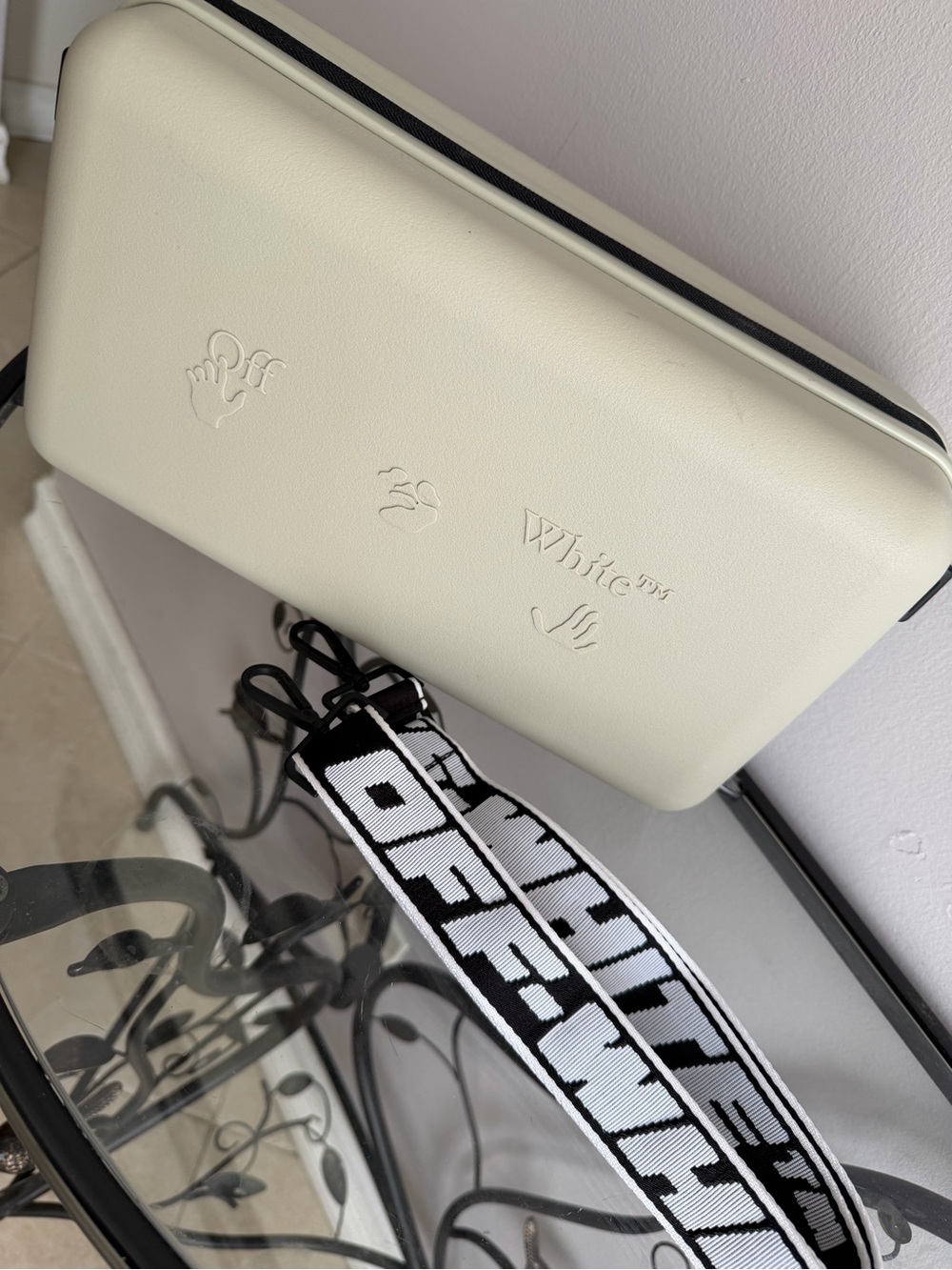 Amore Pacific x Off-White Cream Crossbody Bag with Black-and-White Branded Strap